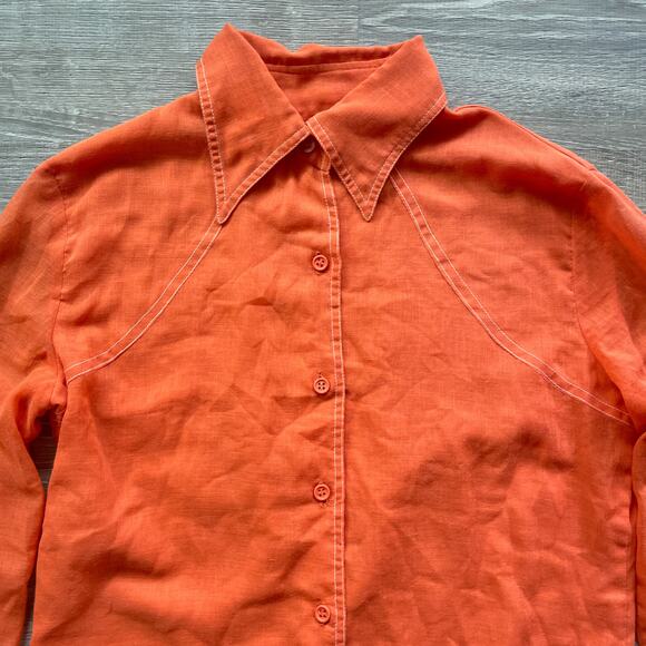 Vintage 70s Orange Button Up Shirt / Sz M / CRYSTAL PLUS / Boho / Dagger Collar - Picture 3 of 6